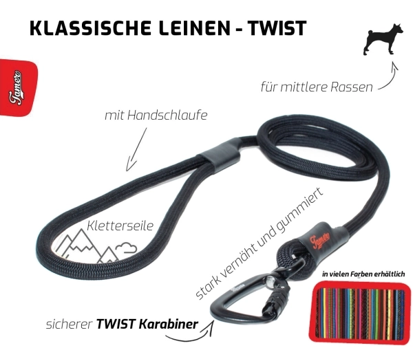 klassische Hundeleine TWIST - M - 145cm - schwarz